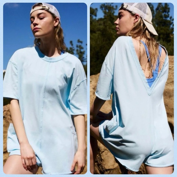 ☀️(A378) NEW Free People Hot Shot Tee Romper. Light Blue. Size: Medium. - Picture 1 of 13
